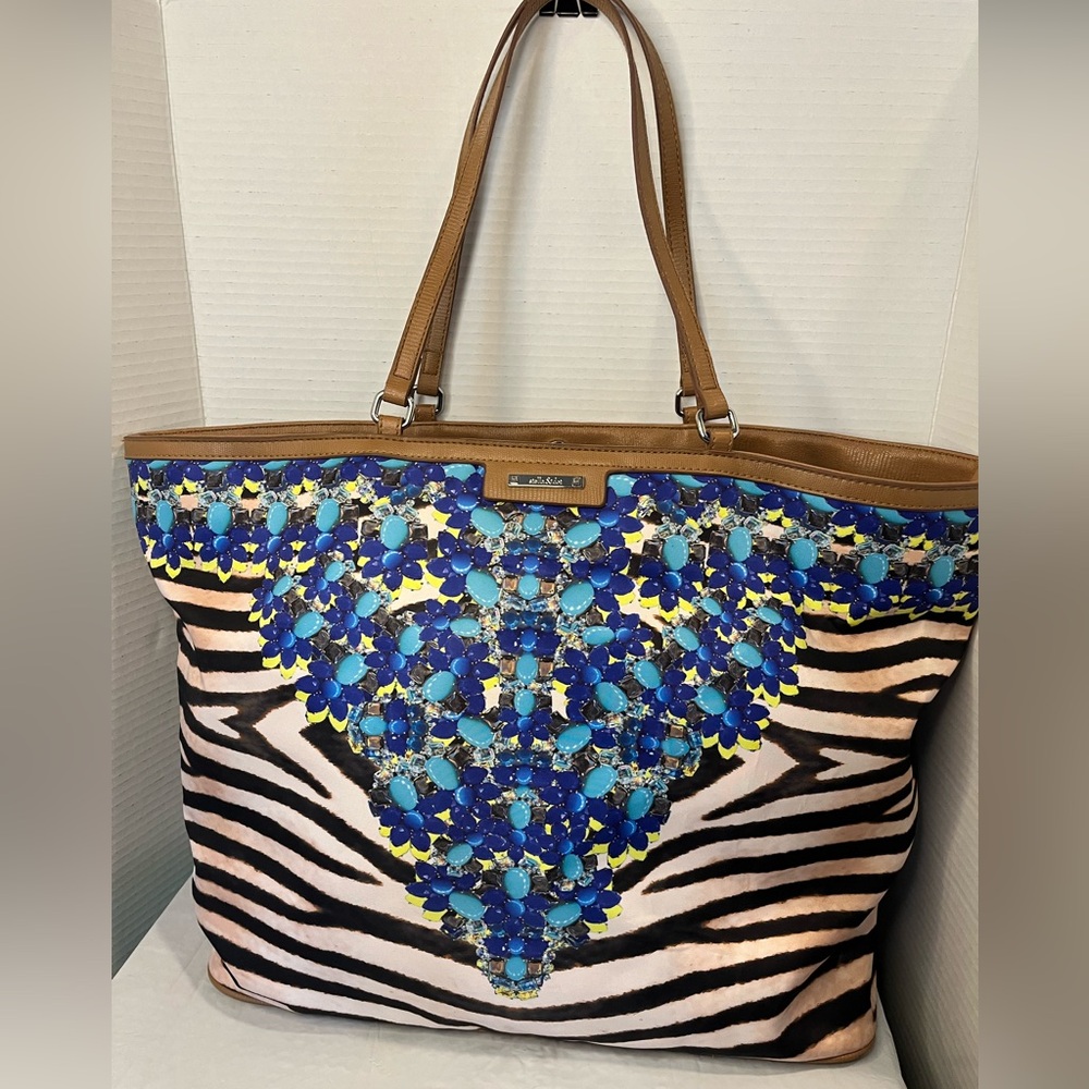 Stella & Dot Jeweled Zebra Stripe Capri Tote Bag Purse Weekend Bag Shopper